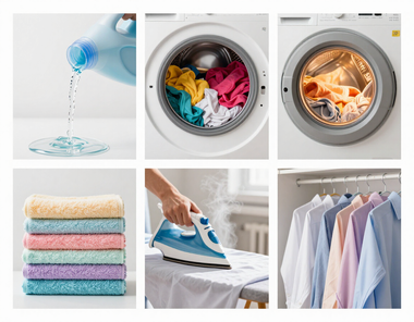 Laundry care collage: detergent pouring, clothes in washer, folded towels, ironing, and hanging shirts.