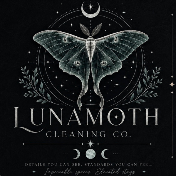 Lunar moth logo for Lunamoth Cleaning LLC on a dark background with elegant botanical accents