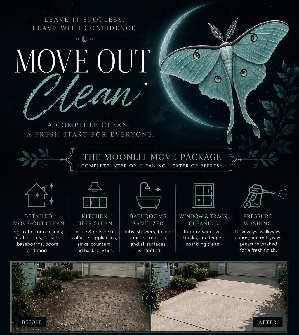 Dark teal move-out cleaning ad with a moth graphic and a before-and-after driveway photo collage