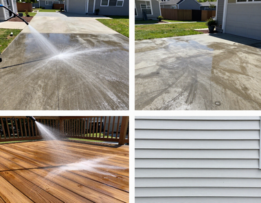 Four-panel collage showing pressure washing on a driveway, siding, and a wooden deck, with clean and dirty sections.